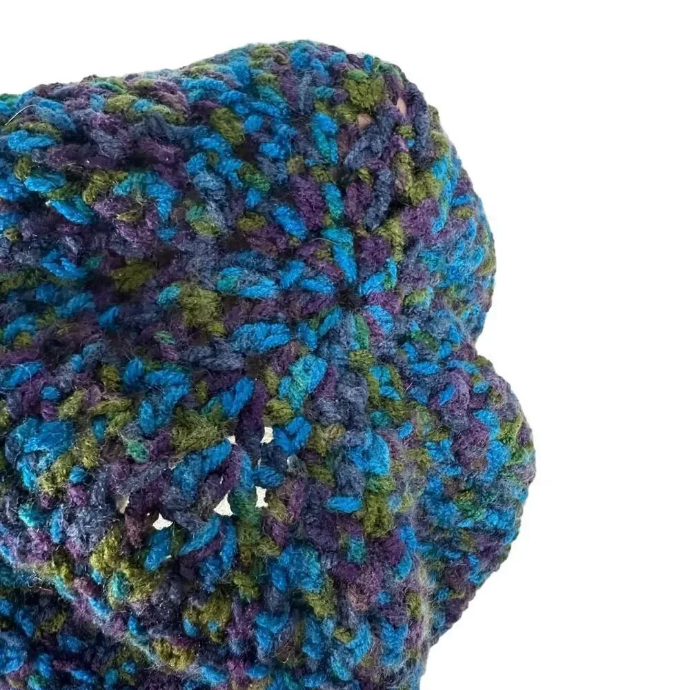 Homemade Knit Beanie Hat Purple Blue Green